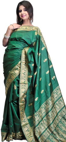 Baluchari Sarees-Orman Yeşili Baluchari Saree 10