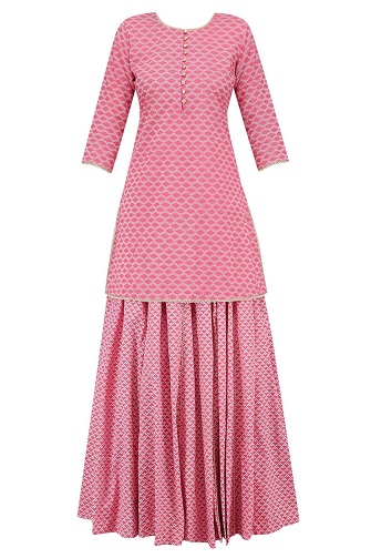 Pembe İnci İşlemeli Kısa Kurta ve Etek Takım