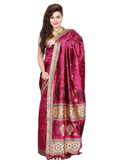 Ryški rausvai raudona Assam Silk Saree