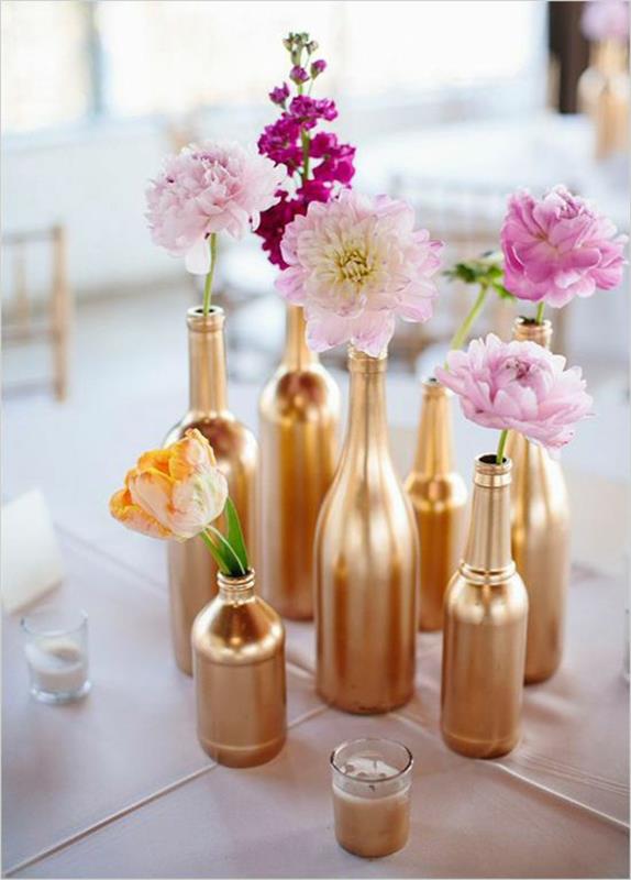 DIY γαμήλιες ιδέες διακόσμησης χρυσά μπουκάλια