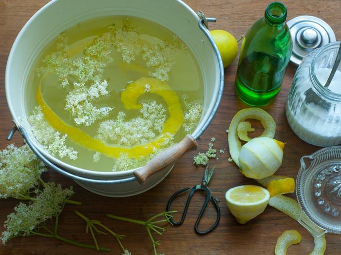 Σιρόπι συνταγής Elderflower ως σφήνα λεμονιού βάσης