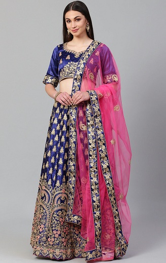 Mavi Yarı Dikişli Lehenga Choli