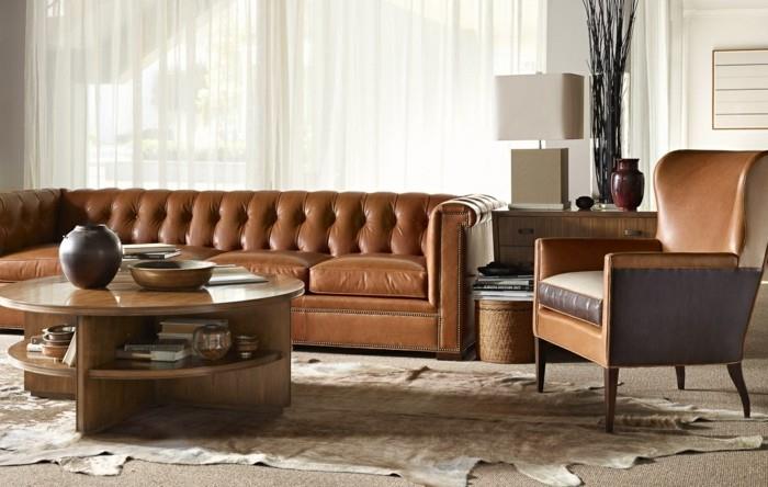 συμβουλές επίπλωσης δερμάτινη πολυθρόνα chesterfield καναπέ στρογγυλή τραπεζάκι σαλονιού ξύλινη γούνα χαλί