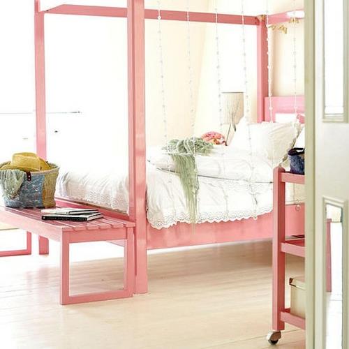 κρεβάτι με θόλο ροζ σκελετό λευκό κάλυμμα από ξύλο