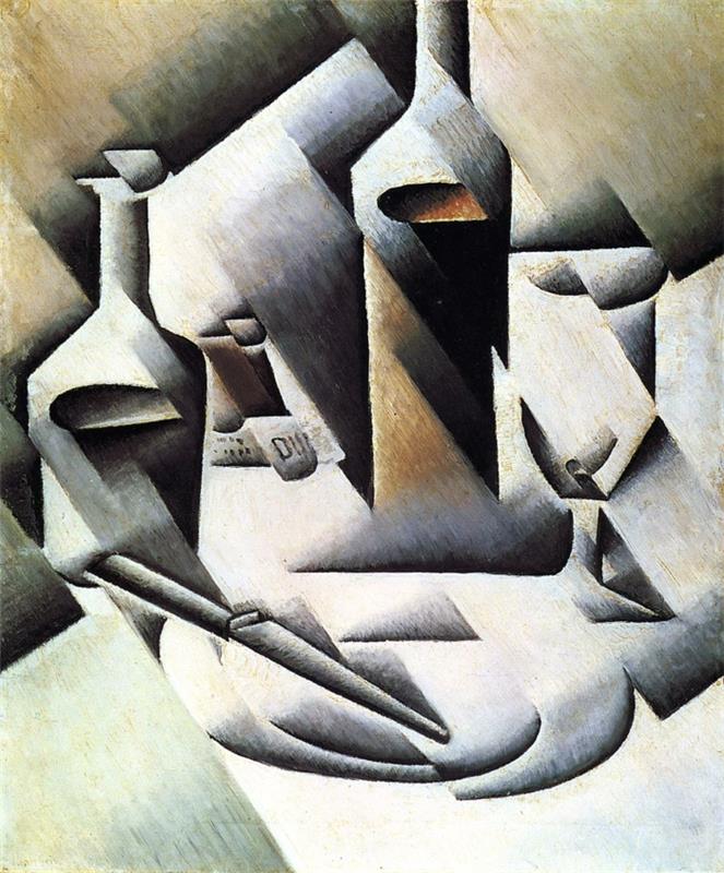 ο ζωγράφος Juan Gris δουλεύει χαρακτηριστικά κυβισμού μπουκαλιών και μαχαιριών