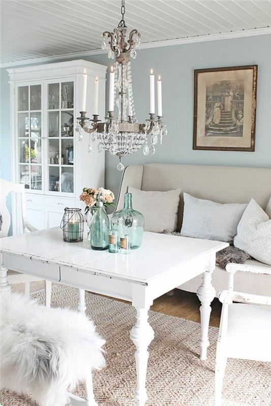 έπιπλα shabby chic σαλόνι sisal χαλί λευκά έπιπλα ανοιχτό μπλε τοίχοι