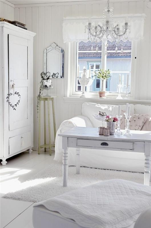 έπιπλα shabby chic σαλόνι λευκή σανίδα δάπεδο φωτεινά δείγματα υφάσματος