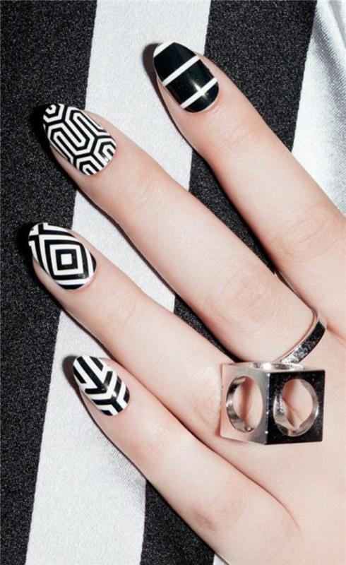 σχέδια νυχιών νυχιών σχέδιο nailart γεωμετρικό μοτίβο τζελ νύχια μαύρο άσπρο