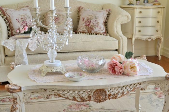 shabby chic dresser sideboard κρέμα λευκό τραπεζάκι καφέ ξυλόγλυπτα κρυστάλλινα κηροπήγια