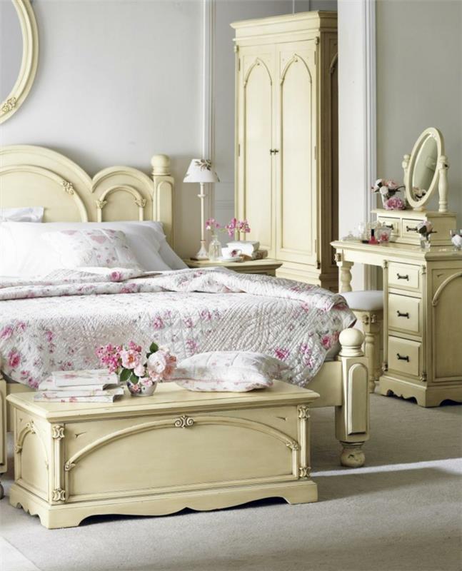 shabby chic dresser sideboard υπνοδωμάτιο ρομαντικό παστέλ κίτρινο ξύλινο στήθος πάγκου κρεβατιού