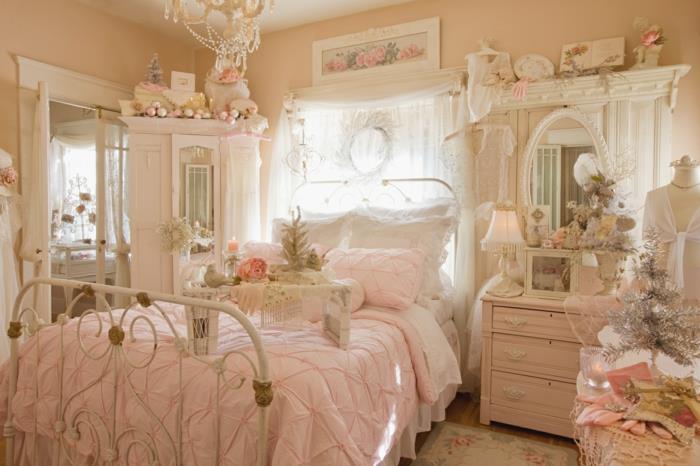 shabby chic έπιπλα ρομαντικό υπνοδωμάτιο μπουφέ λεπτό ροζ συρτάρια μεταλλικό κρεβάτι λευκό