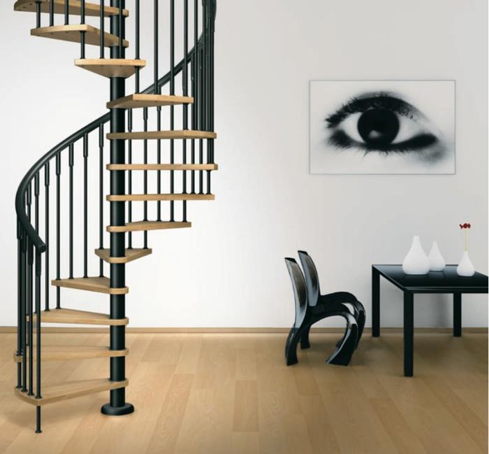 σπειροειδής σκάλα desig ξύλινες σκάλες μαύρο μεταλλικό κιγκλίδωμα