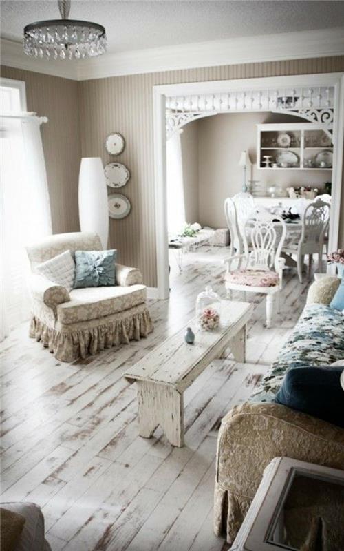 επίπλωση ιδεών διαμερίσματα shabby chic σαλόνι ξύλινο πάτωμα ρουστίκ τραπεζάκι σαλονιού